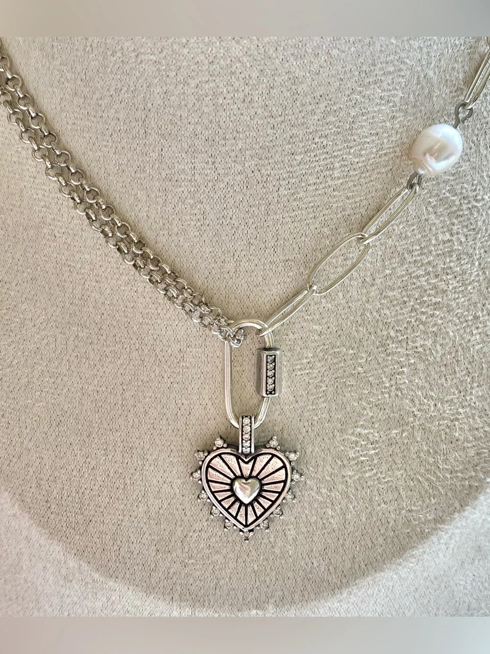 Silver Heart Pendant Necklace with Pearl Accent - Silver